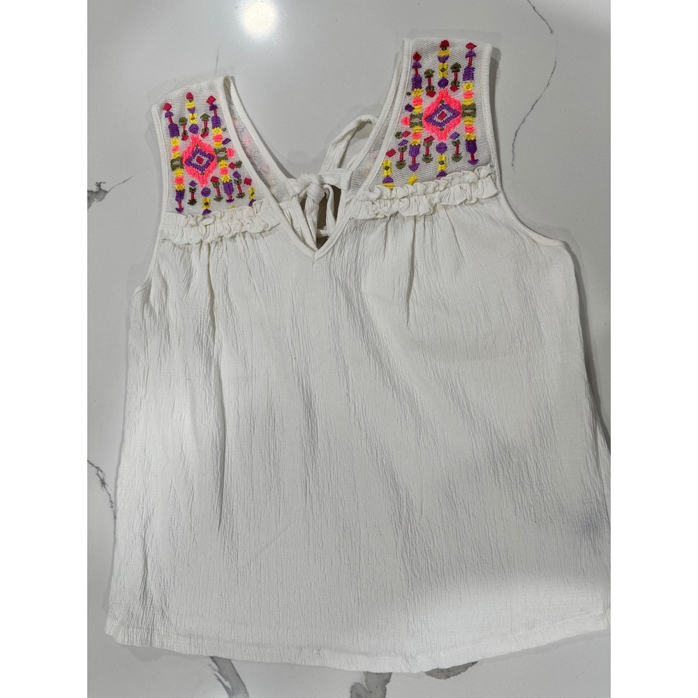 Ranna Gill Embroidered Gauze Tank Top‎ White V-Neck Tie Back Boho Blouse Large
